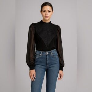 Grazia Black Sheer Sleeve Embellished Top | Textured Detail | Size L